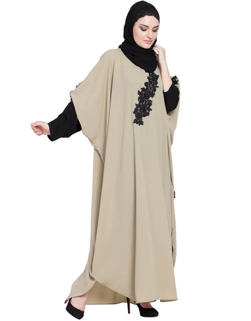 Islamic embellished patch contrast sleeve Kaftan Cream Women Online shopping USA